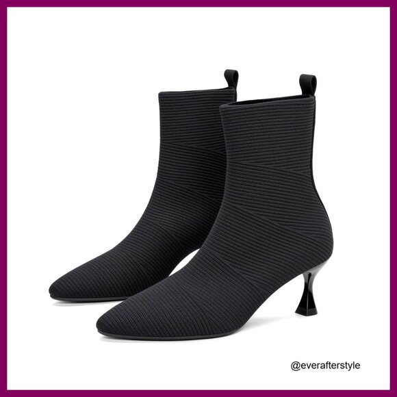 Knitted Ankle Boots Pointed Toe Kitten Heel Slip On Sock Bootie